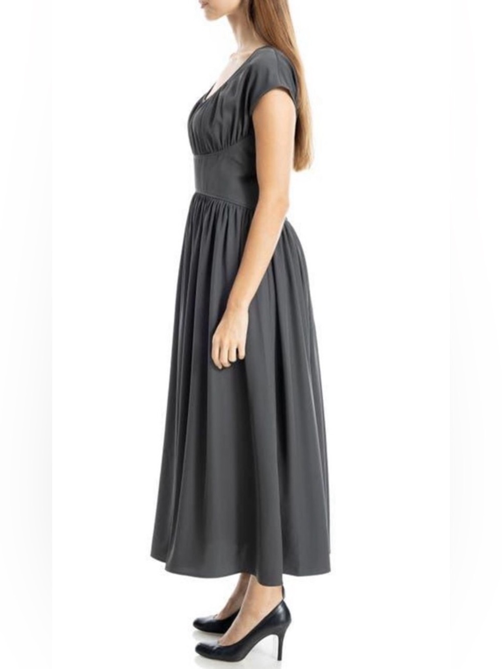Max Studio London Maxi Dress Medium Gray Short Sleeve Sculpted Waist Stretch NEW - Picture 6 of 9